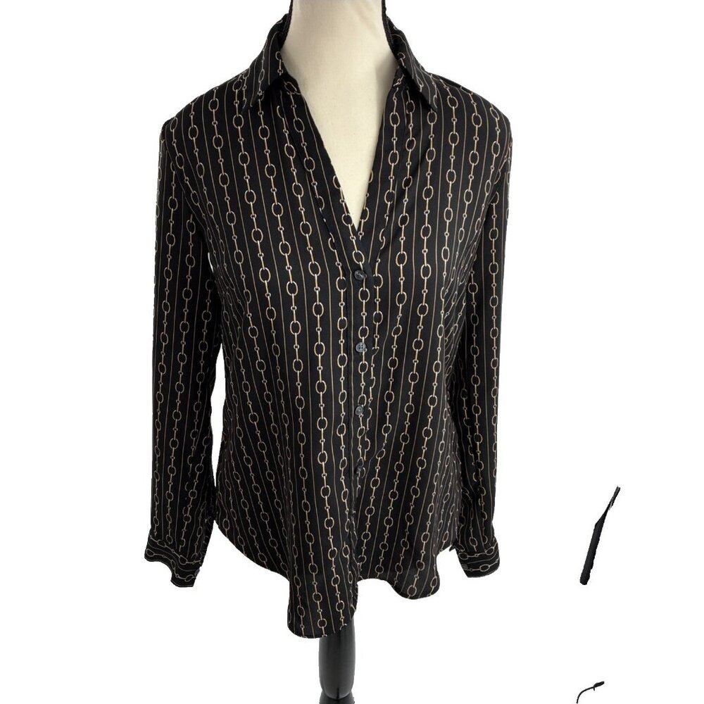 Ann Taylor Womens XS Black Chain Print Blouse Long Sleeve Button Front Top